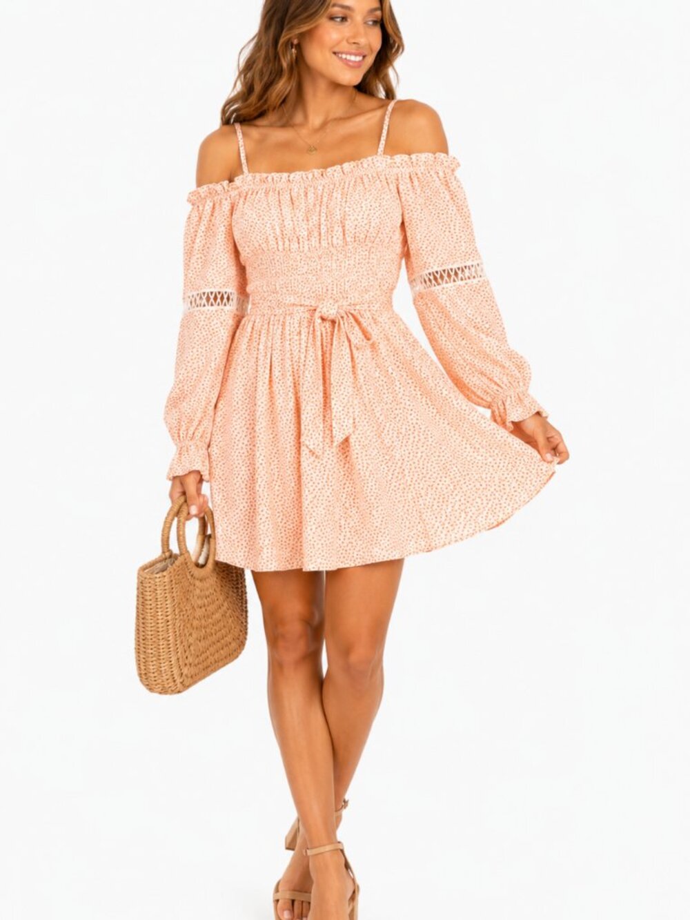French Kiss Off Shoulder Floral Mini Dress Medium Cottagecore Boho Smocked